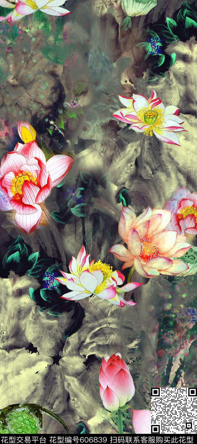 水墨国画荷花数码印花华亿平台下载（图片编号: 606839） - 瓦栏（Walan）