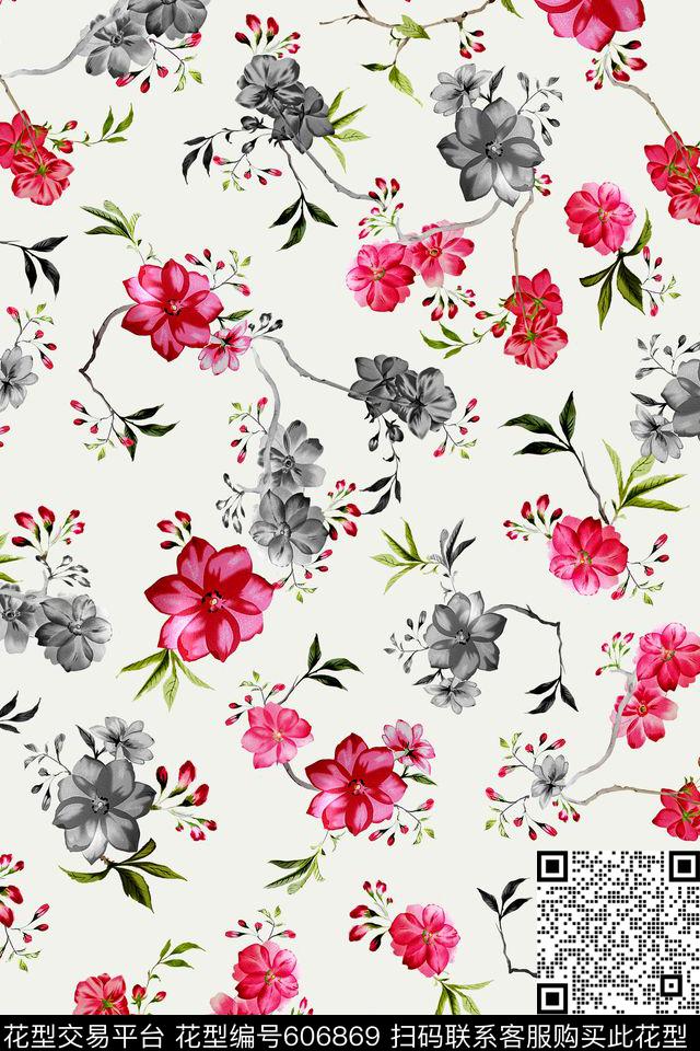手绘花朵枝条数码印花华亿平台下载（图片编号: 606869） - 瓦栏（Walan）