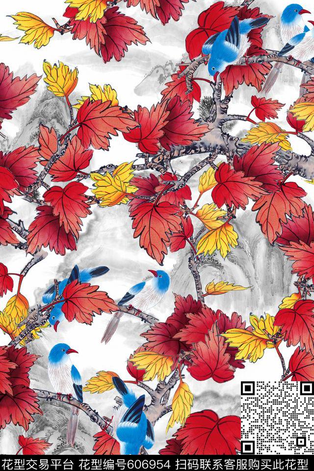 花卉鸟水墨数码印花华亿平台下载（图片编号: 606954） - 瓦栏（Walan）