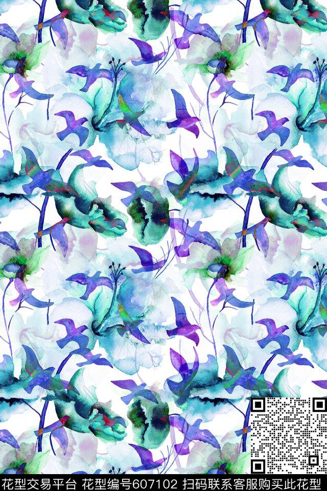 淡雅手绘笔触数码印花华亿平台下载（图片编号: 607102） - 瓦栏（Walan）