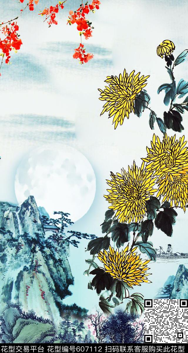 水墨花卉民族风数码印花华亿平台下载（图片编号: 607112） - 瓦栏（Walan）