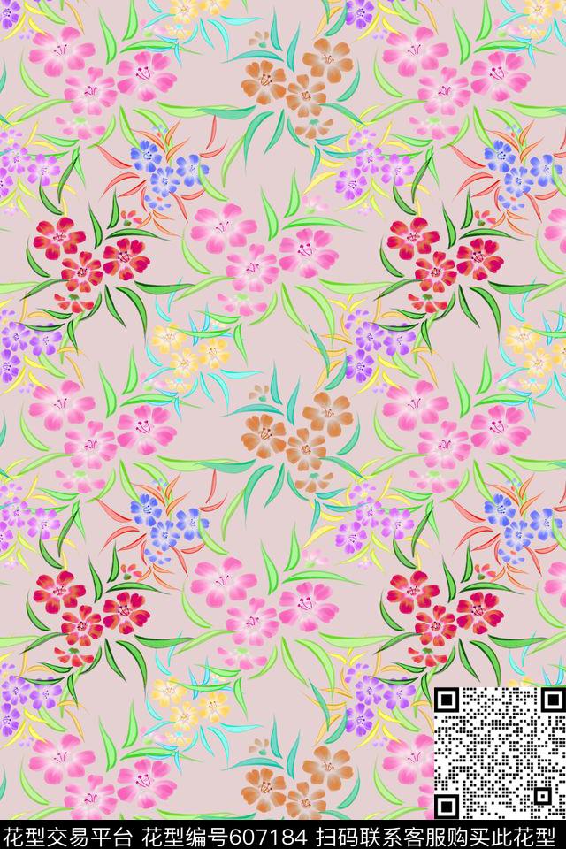 花卉花丛风格化花卉植物花卉数码印花华亿平台下载（图片编号: 607184） - 瓦栏（Walan）
