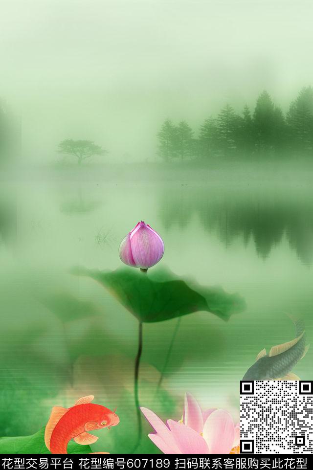 旗袍山水荷花中国风。围巾华亿平台数码印花华亿平台下载（图片编号: 607189） - 瓦栏（Walan）