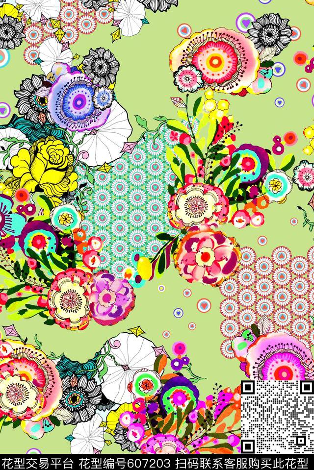 民族传统花纹手绘抽象花数码印花华亿平台下载（图片编号: 607203） - 瓦栏（Walan）