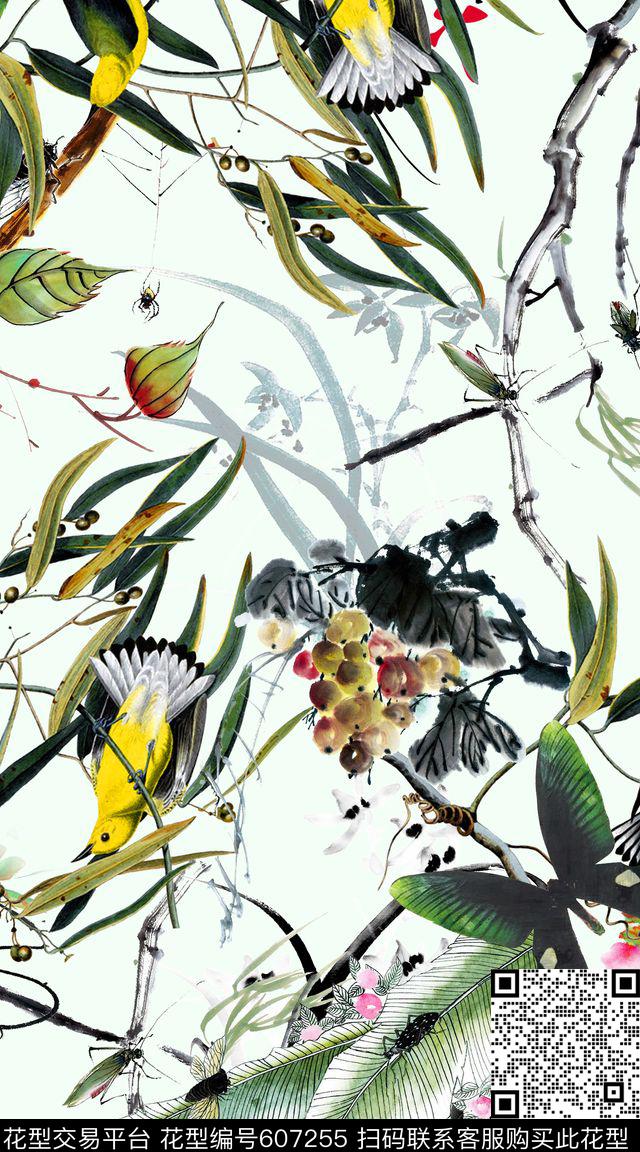 水彩花鸟水墨数码印花华亿平台下载（图片编号: 607255） - 瓦栏（Walan）