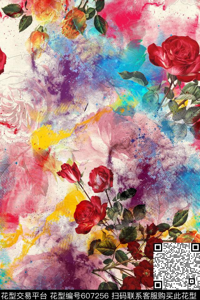 花卉玫瑰手绘数码印花华亿平台下载（图片编号: 607256） - 瓦栏（Walan）