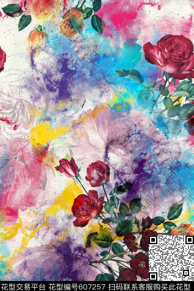 花卉玫瑰手绘数码印花华亿平台下载（图片编号: 607257） - 瓦栏（Walan）