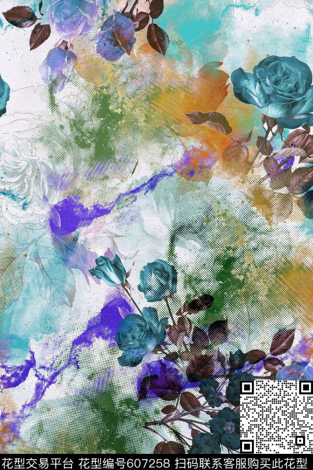 花卉玫瑰手绘数码印花华亿平台下载（图片编号: 607258） - 瓦栏（Walan）