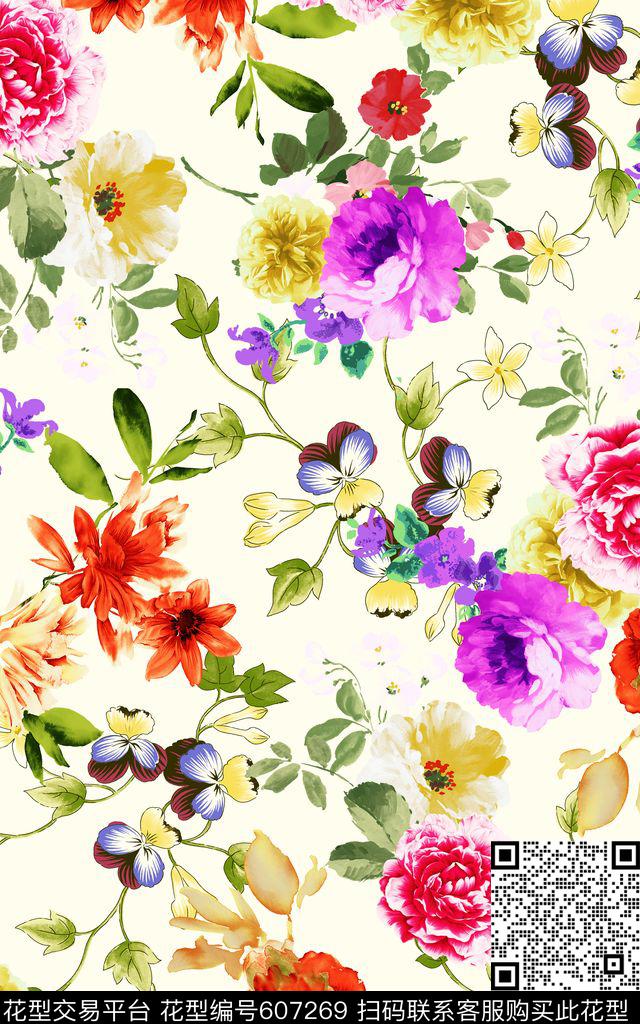 牡丹花朵素雅数码印花华亿平台下载（图片编号: 607269） - 瓦栏（Walan）