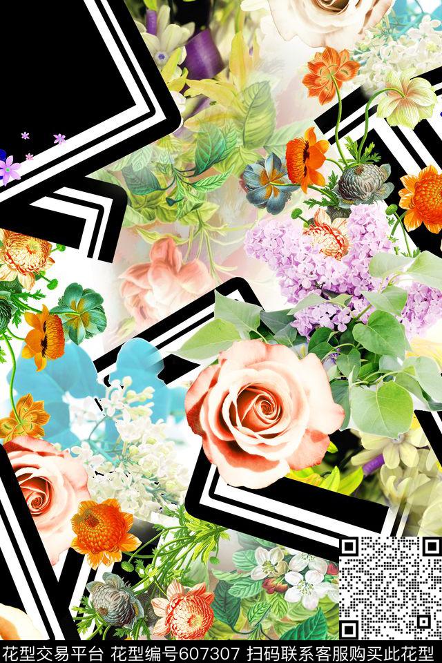 几何条纹花卉数码印花华亿平台下载（图片编号: 607307） - 瓦栏（Walan）