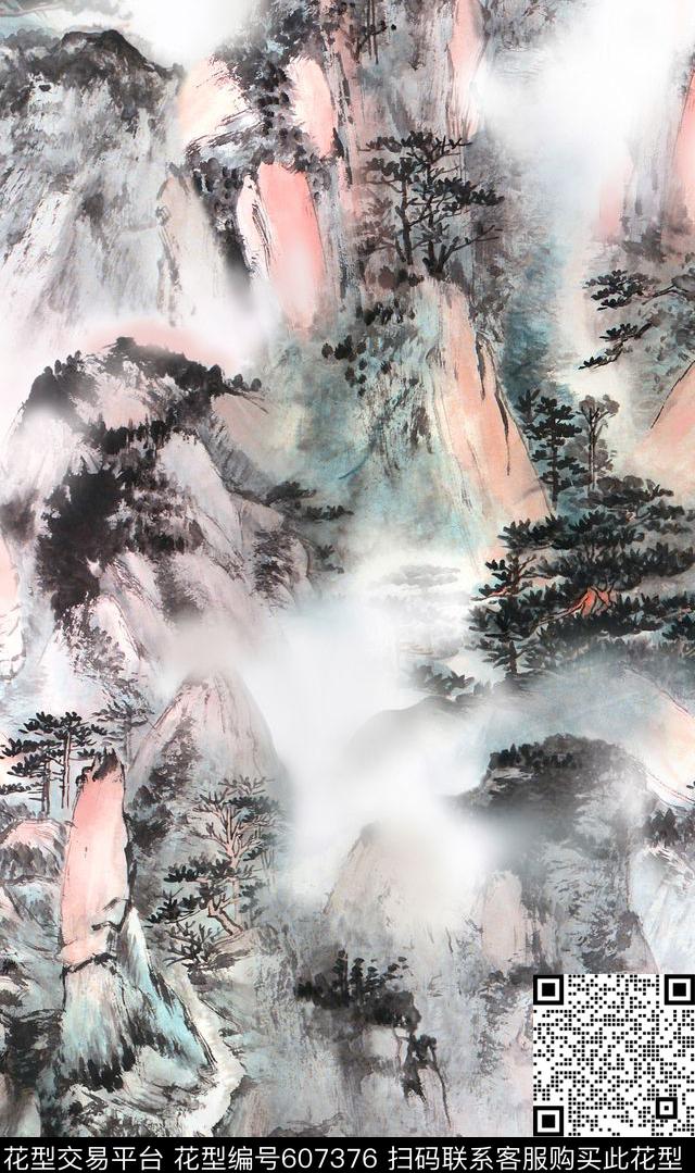 手绘风景中国风数码印花华亿平台下载（图片编号: 607376） - 瓦栏（Walan）