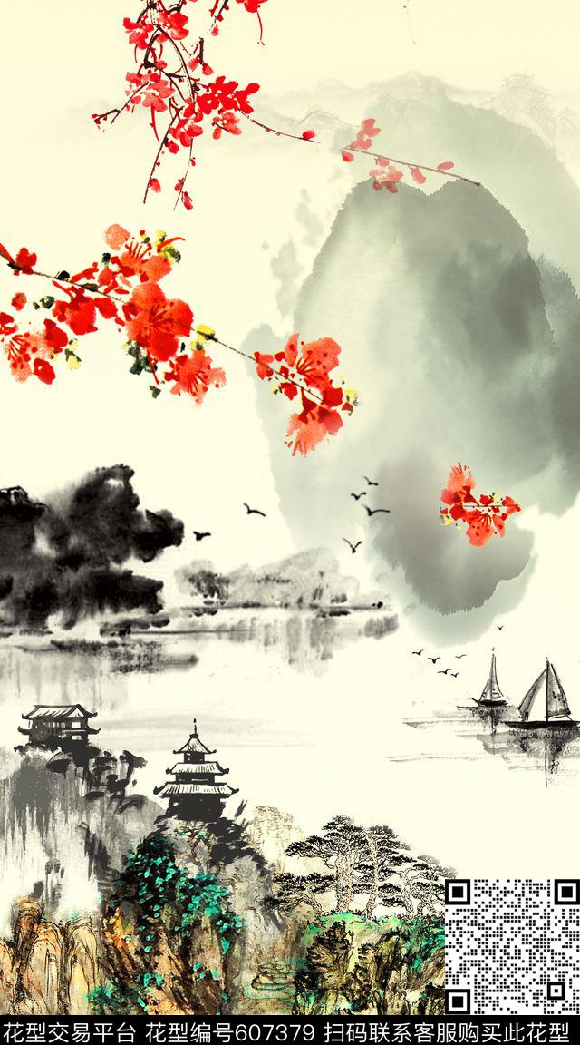 民族风山水画中国风数码印花华亿平台下载（图片编号: 607379） - 瓦栏（Walan）