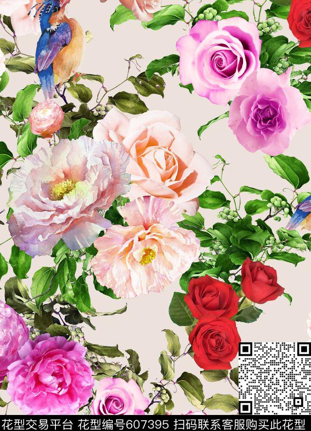 手绘花卉鸟满版。满版花卉数码印花华亿平台下载（图片编号: 607395） - 瓦栏（Walan）