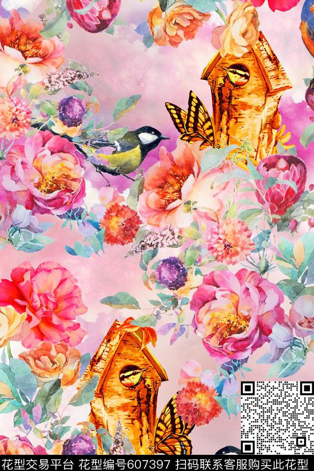 满版花卉鸟蝴蝶数码印花华亿平台下载（图片编号: 607397） - 瓦栏（Walan）