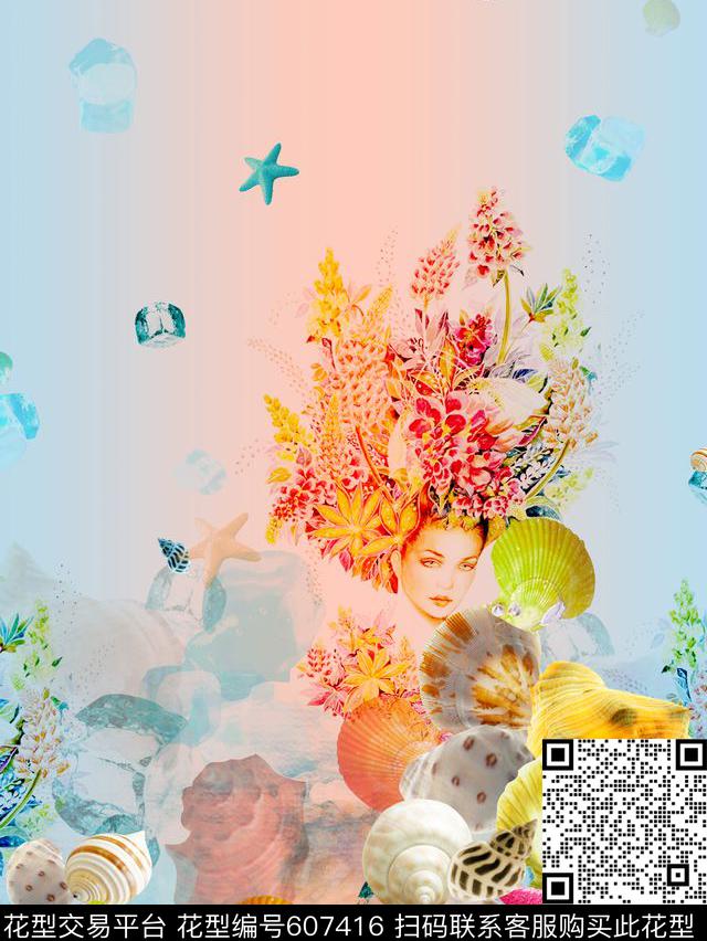 双边定位贝壳海底姑娘。围巾华亿平台数码印花华亿平台下载（图片编号: 607416） - 瓦栏（Walan）