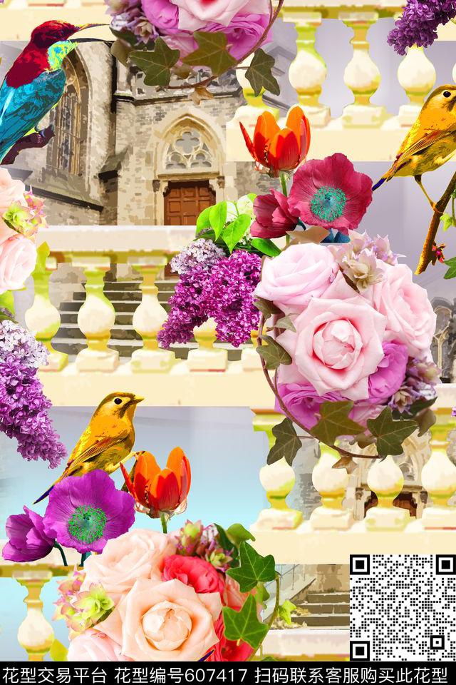 建筑花卉鸟数码印花华亿平台下载（图片编号: 607417） - 瓦栏（Walan）