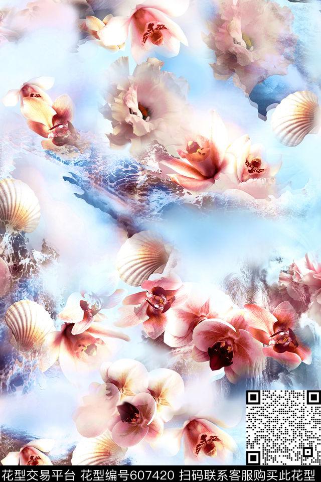 花卉云纹满地数码印花华亿平台下载（图片编号: 607420） - 瓦栏（Walan）