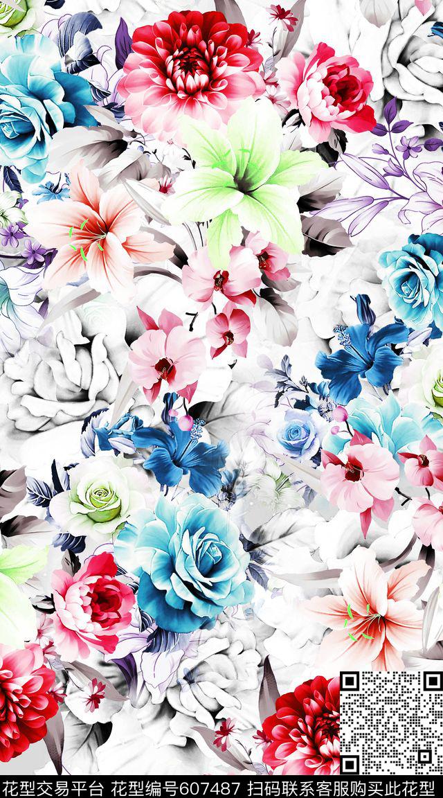 小碎花喷绘花朵数码印花华亿平台下载（图片编号: 607487） - 瓦栏（Walan）