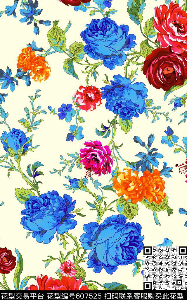 牡丹花朵素雅传统印花华亿平台下载（图片编号: 607525） - 瓦栏（Walan）