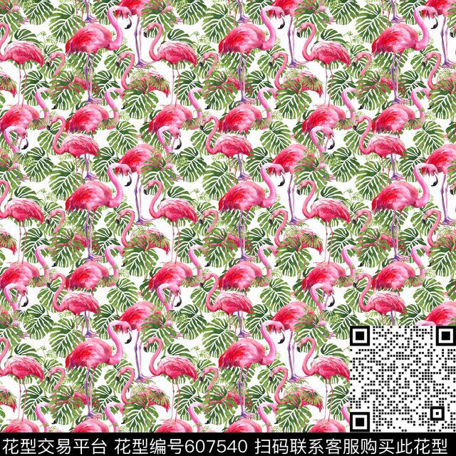 棕榈叶热带烈火鸟数码印花华亿平台下载（图片编号: 607540） - 瓦栏（Walan）