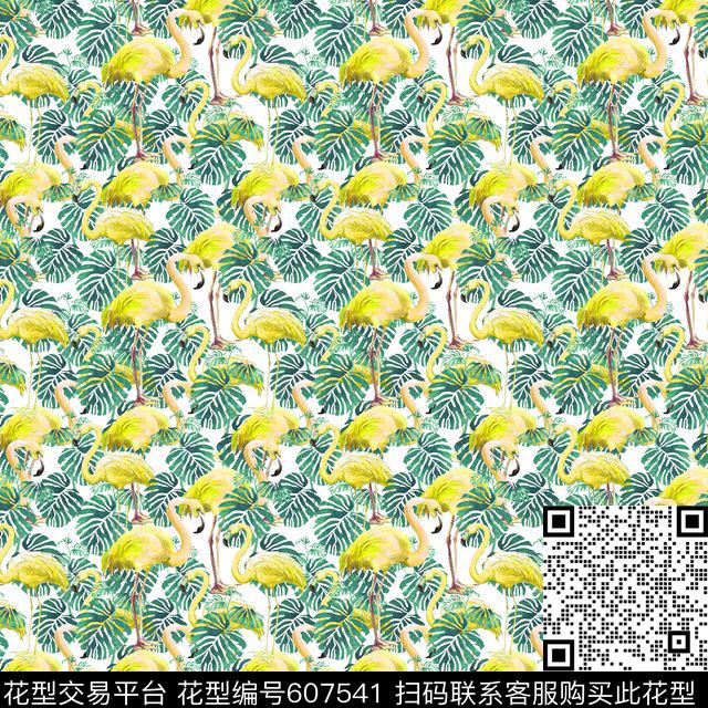棕榈叶热带烈火鸟数码印花华亿平台下载（图片编号: 607541） - 瓦栏（Walan）