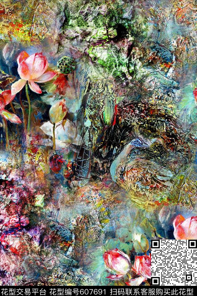 油画肌理荷花地表数码印花华亿平台下载（图片编号: 607691） - 瓦栏（Walan）