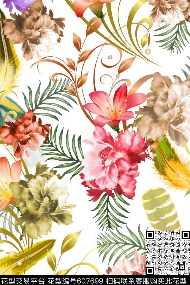 大花玫瑰兰花数码印花华亿平台下载（图片编号: 607699） - 瓦栏（Walan）