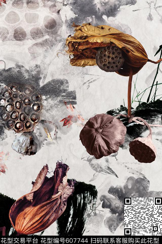 水墨荷花莲蓬数码印花华亿平台下载（图片编号: 607744） - 瓦栏（Walan）