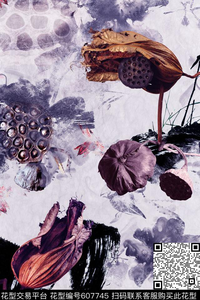 水墨荷花莲蓬数码印花华亿平台下载（图片编号: 607745） - 瓦栏（Walan）