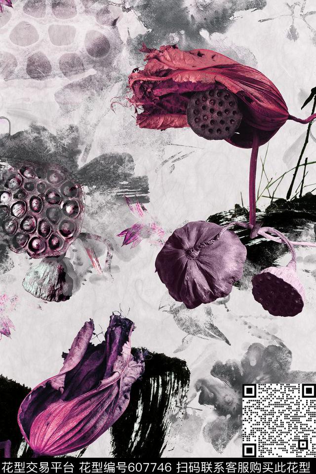 水墨荷花莲蓬数码印花华亿平台下载（图片编号: 607746） - 瓦栏（Walan）