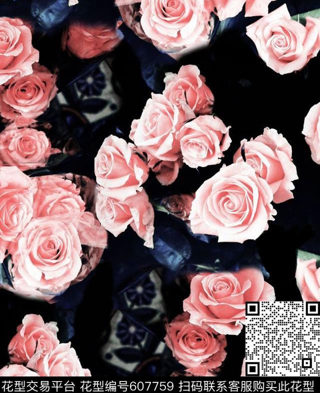 大牌复古玫瑰原创玫瑰抽象玫瑰花卉数码印花华亿平台下载（图片编号: 607759） - 瓦栏（Walan）