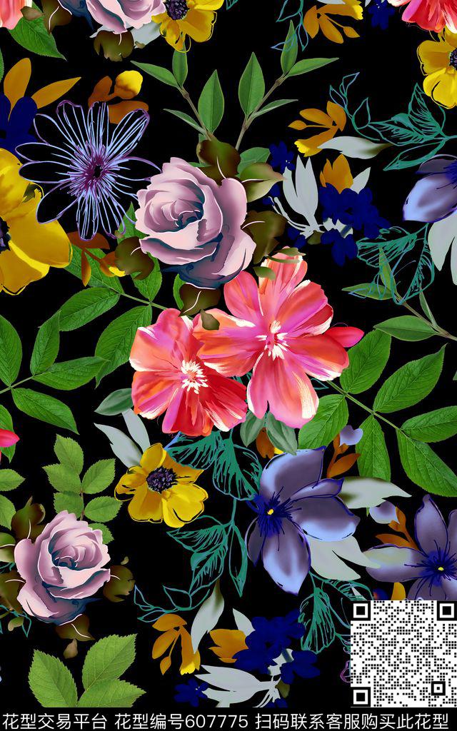 牡丹花朵素雅数码印花华亿平台下载（图片编号: 607775） - 瓦栏（Walan）