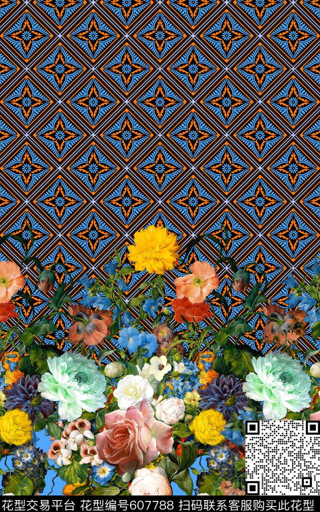 时尚花卉格子数码印花华亿平台下载（图片编号: 607788） - 瓦栏（Walan）