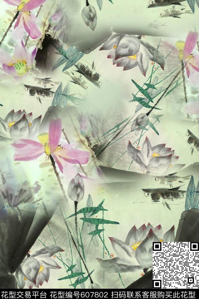 面料花荷花花卉数码印花华亿平台下载（图片编号: 607802） - 瓦栏（Walan）