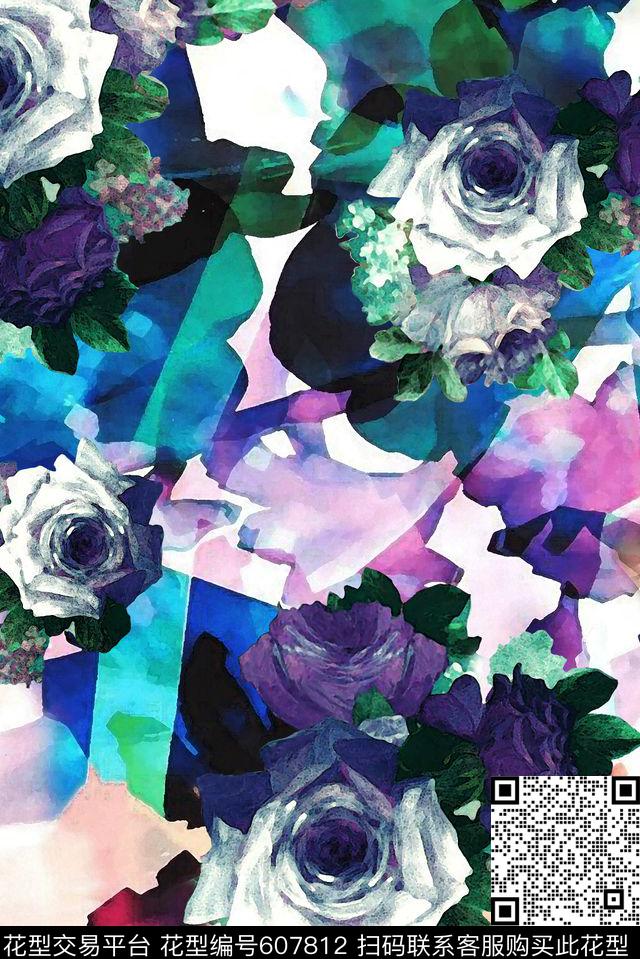 手绘水彩花梦幻数码印花华亿平台下载（图片编号: 607812） - 瓦栏（Walan）
