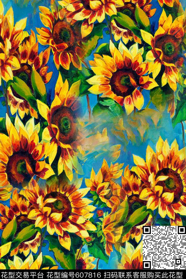 向日葵花朵数码印花华亿平台下载（图片编号: 607816） - 瓦栏（Walan）