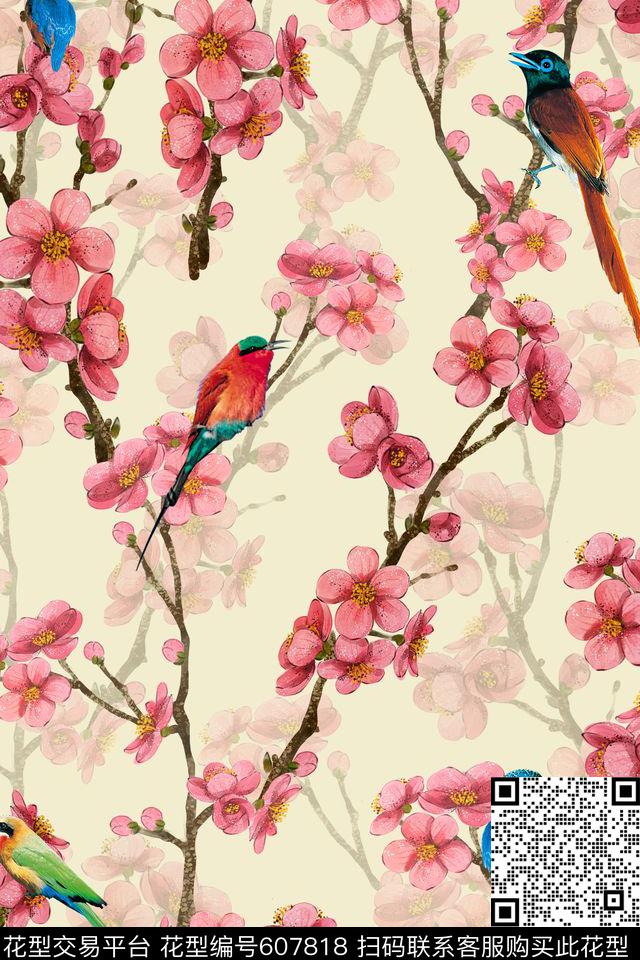 花鸟桃花数码印花华亿平台下载（图片编号: 607818） - 瓦栏（Walan）