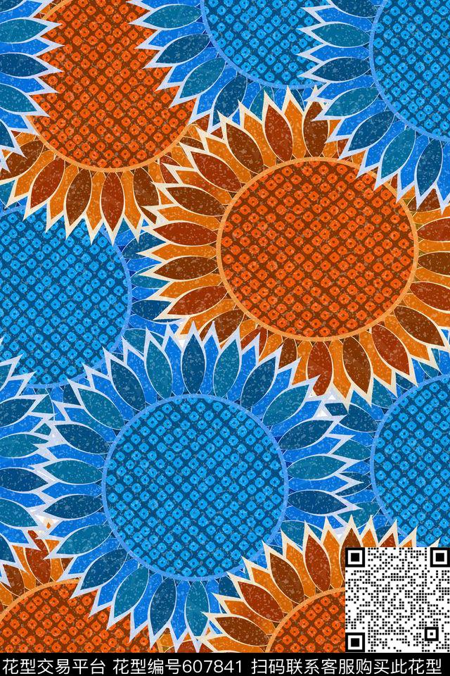 向日葵大花花朵传统印花华亿平台下载（图片编号: 607841） - 瓦栏（Walan）