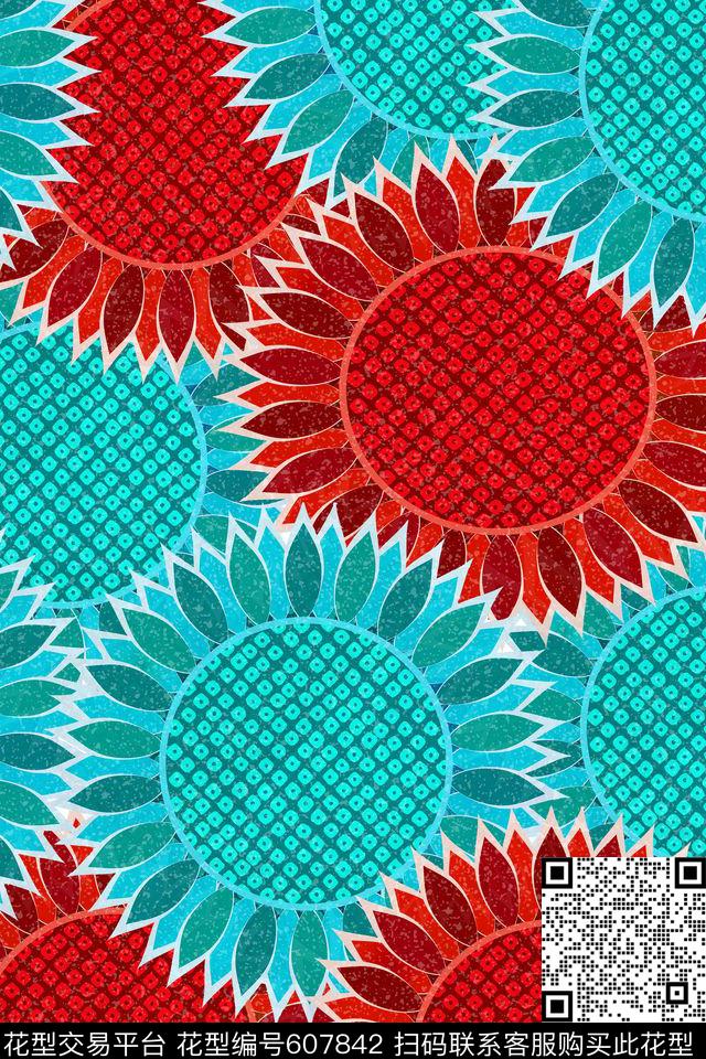 向日葵大花花朵传统印花华亿平台下载（图片编号: 607842） - 瓦栏（Walan）