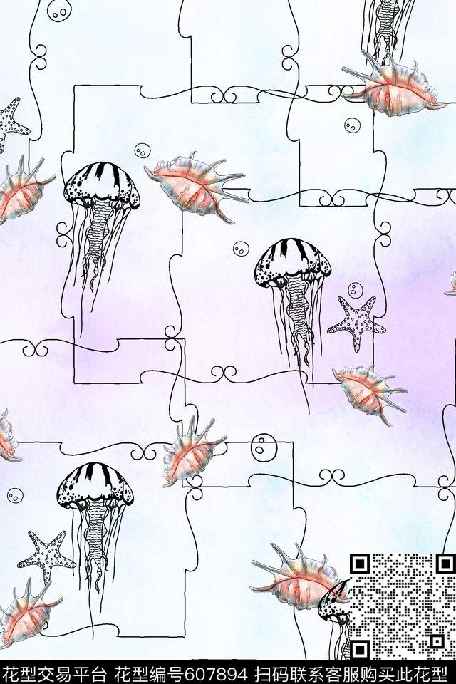 海洋生物L.D~线条L.D~趣味传统印花华亿平台下载（图片编号: 607894） - 瓦栏（Walan）