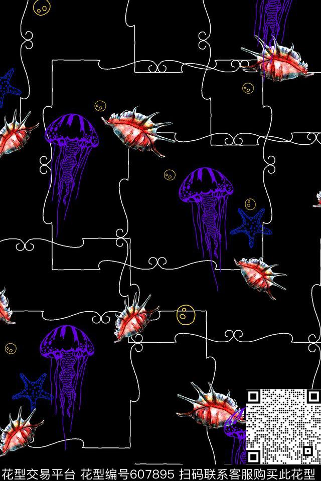海洋生物L.D~线条L.D~趣味传统印花华亿平台下载（图片编号: 607895） - 瓦栏（Walan）