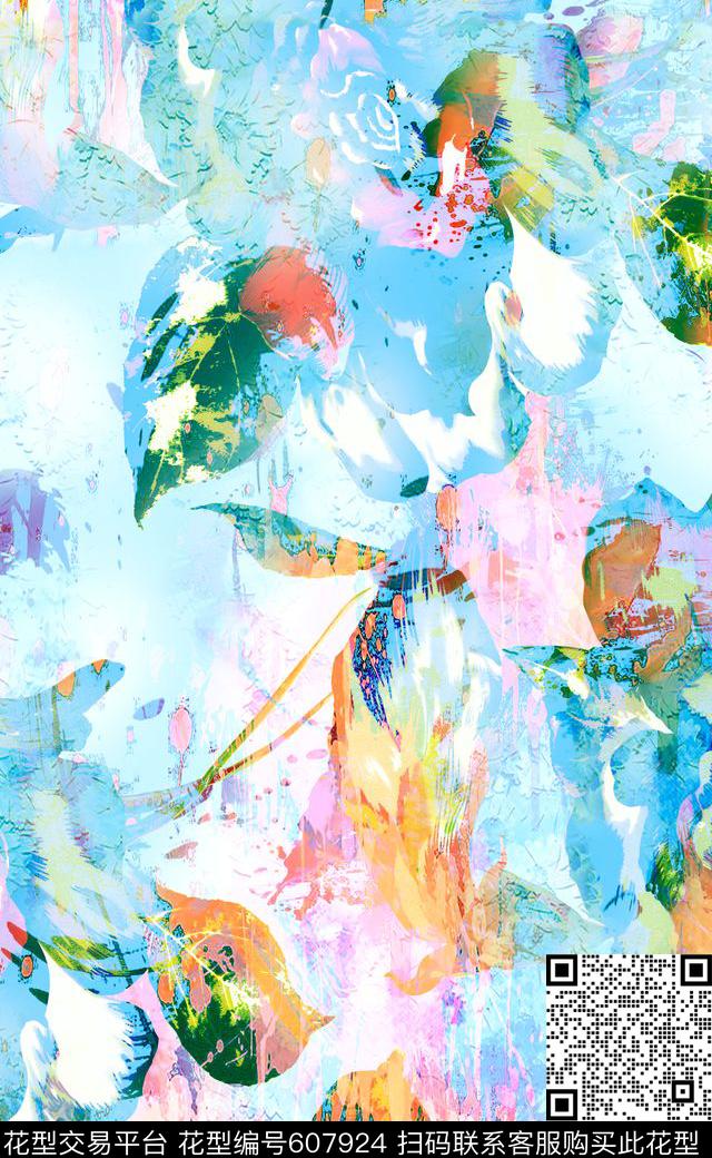 手绘花卉连衣裙花卉女装连衣裙数码印花华亿平台下载（图片编号: 607924） - 瓦栏（Walan）