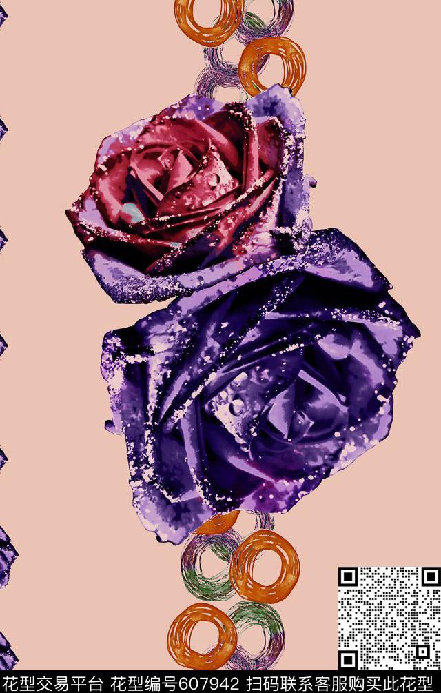 大朵玫瑰手绘数码印花华亿平台下载（图片编号: 607942） - 瓦栏（Walan）