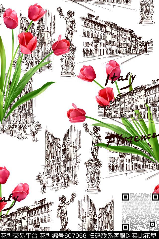 欧美手绘建筑风景数码印花华亿平台下载（图片编号: 607956） - 瓦栏（Walan）