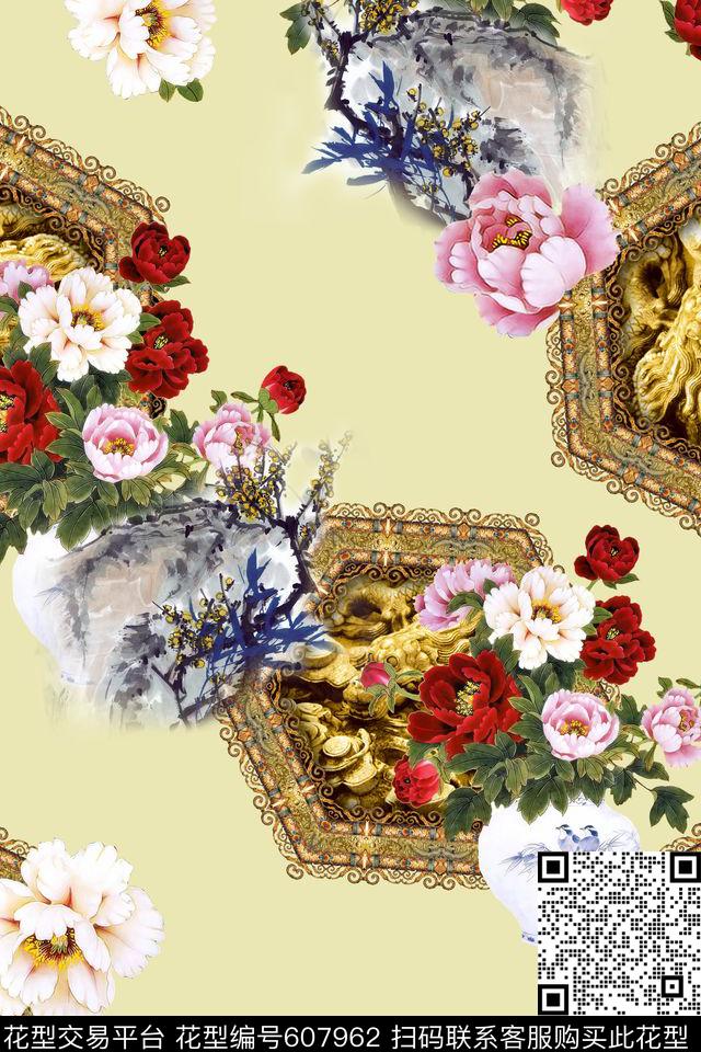牡丹花中式图案纹样数码印花华亿平台下载（图片编号: 607962） - 瓦栏（Walan）