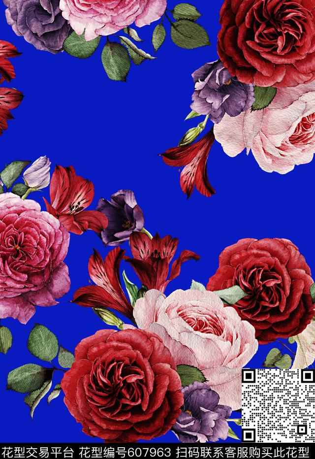 玫瑰花时尚大牌风格中国风数码印花华亿平台下载（图片编号: 607963） - 瓦栏（Walan）