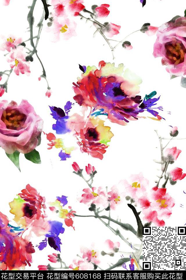 中国风水墨梅花数码印花华亿平台下载（图片编号: 608168） - 瓦栏（Walan）