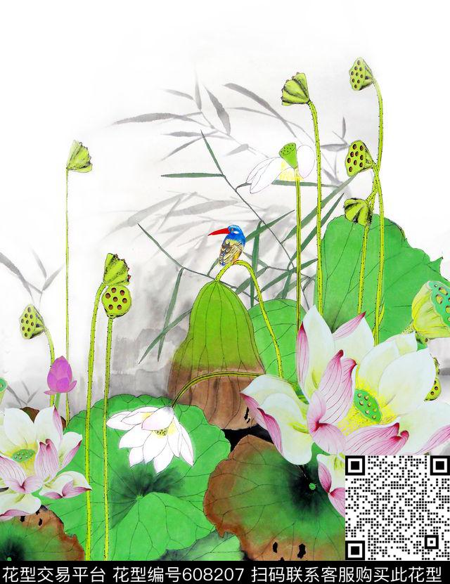 荷花双边定位水墨数码印花华亿平台下载（图片编号: 608207） - 瓦栏（Walan）