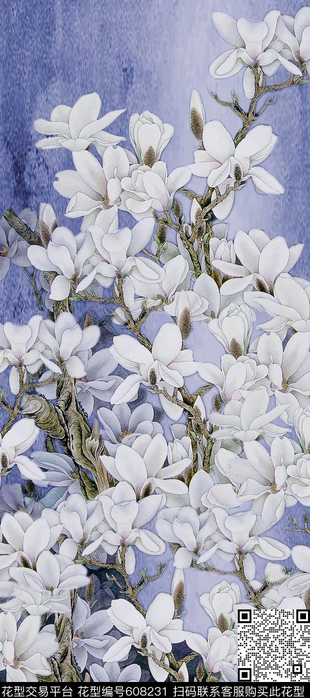 旗袍女装裙装玉兰花数码印花华亿平台下载（图片编号: 608231） - 瓦栏（Walan）