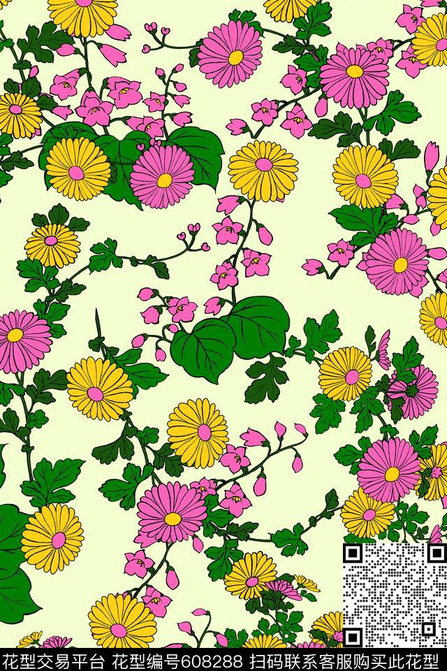 花卉菊花绿叶传统印花华亿平台下载（图片编号: 608288） - 瓦栏（Walan）